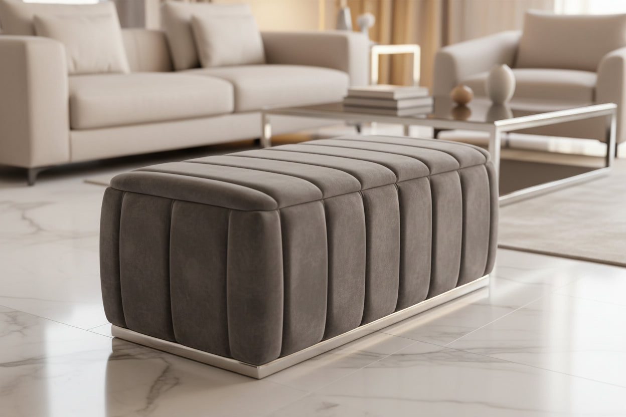 Grey Plush Velvet Footstool with Chrome Detailing 120cm x 60cm F I INTERIORS