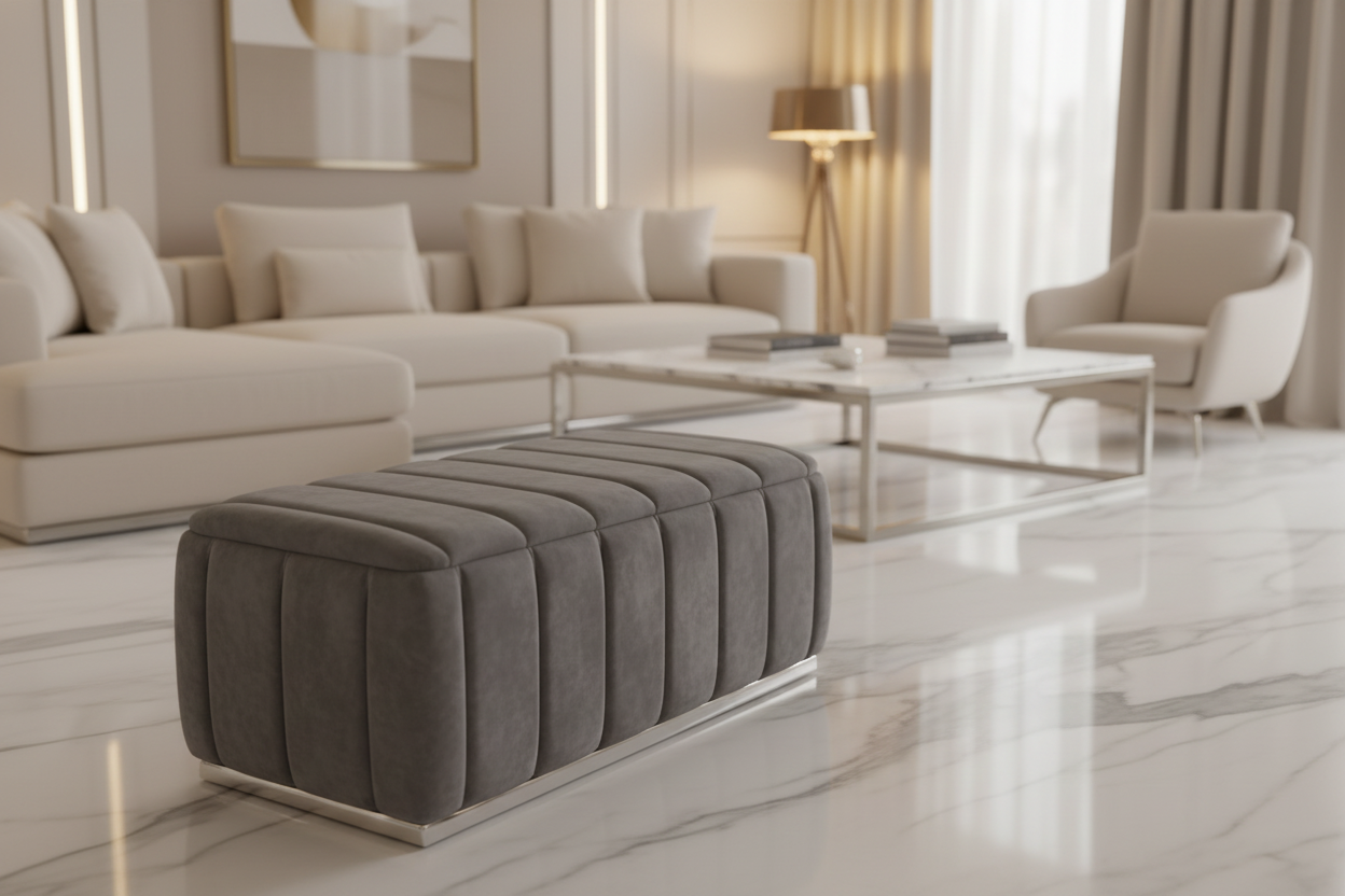Grey Plush Velvet Footstool with Chrome Detailing 120cm x 60cm F I INTERIORS
