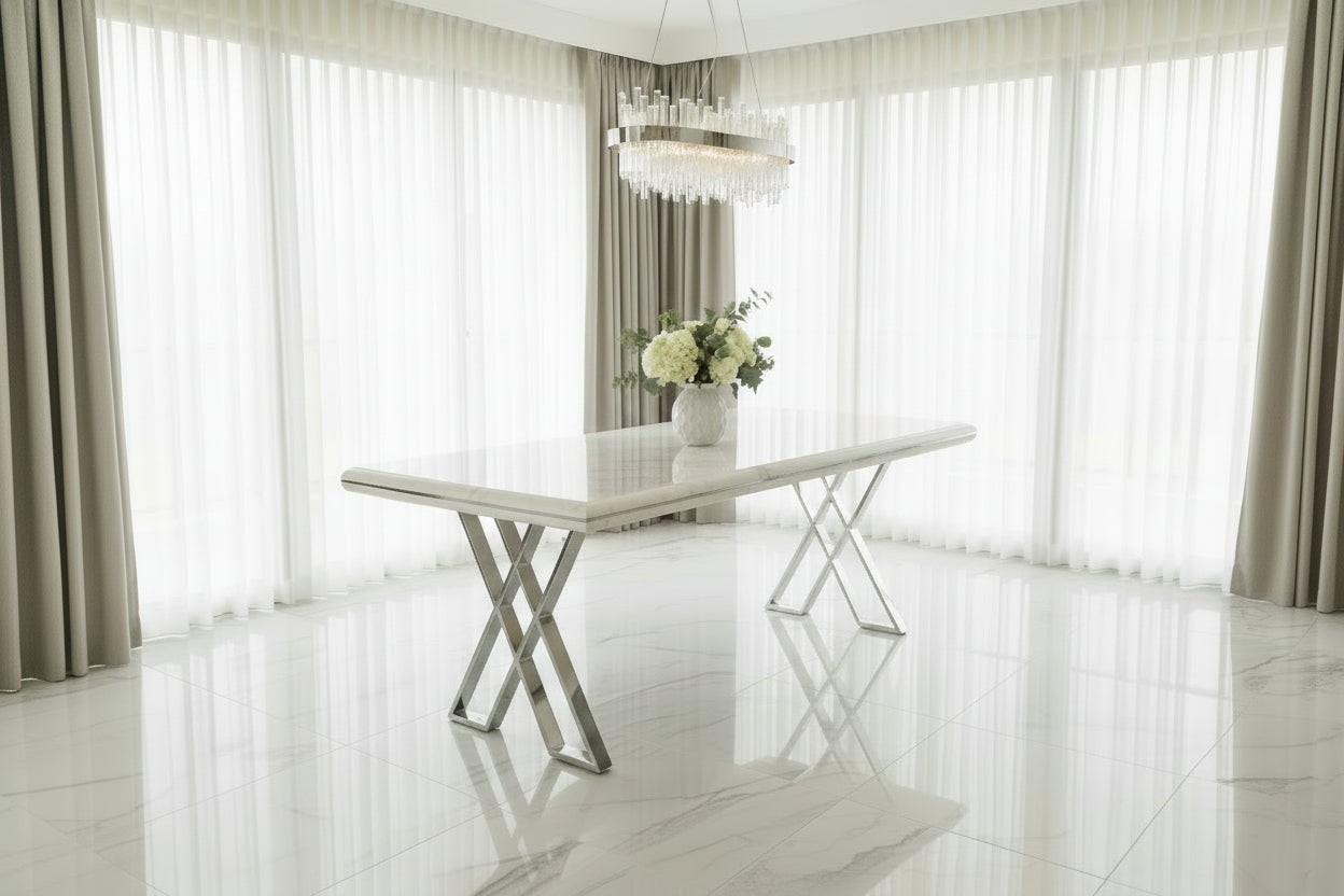 Luna Dining Table In White With Chrome Legs Livara Interiors