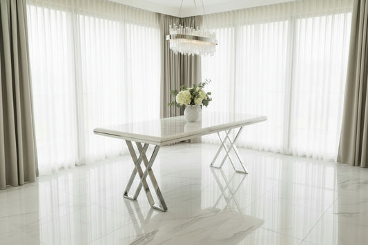 Luna Dining Table In White With Chrome Legs Livara Interiors