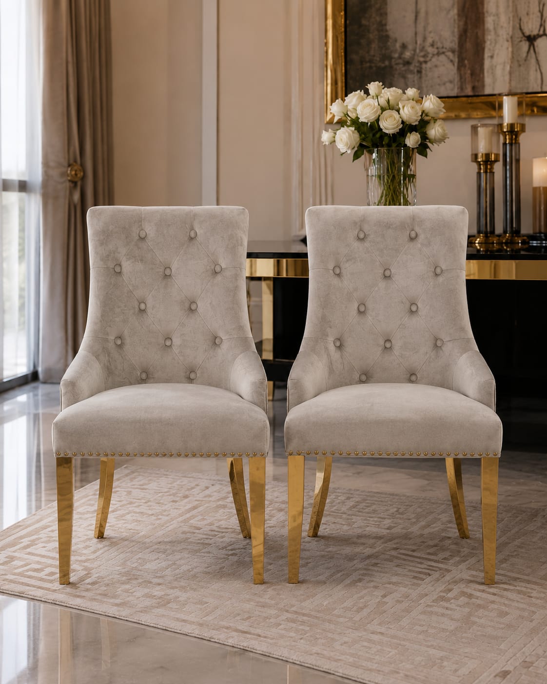 Roma Silver Pewter Velvet Dining Chairs with Gold Legs – Set of 2 Livara Interiors