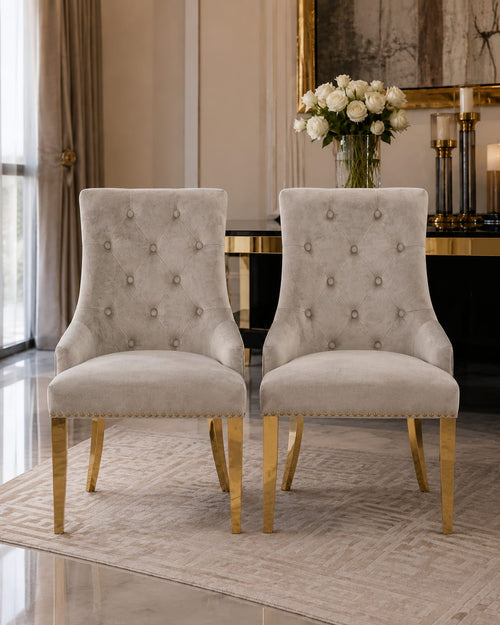 Roma Silver Pewter Velvet Dining Chairs with Gold Legs – Set of 2 Livara Interiors