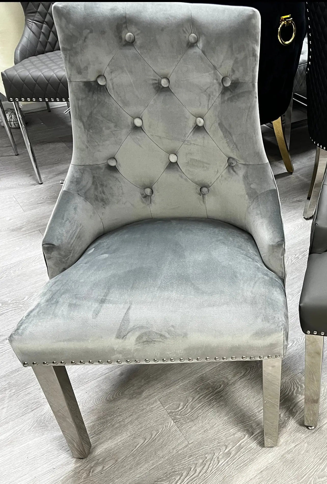 Roma Silver Pewter Velvet Dining Chairs with Gold Legs – Set of 2 Livara Interiors