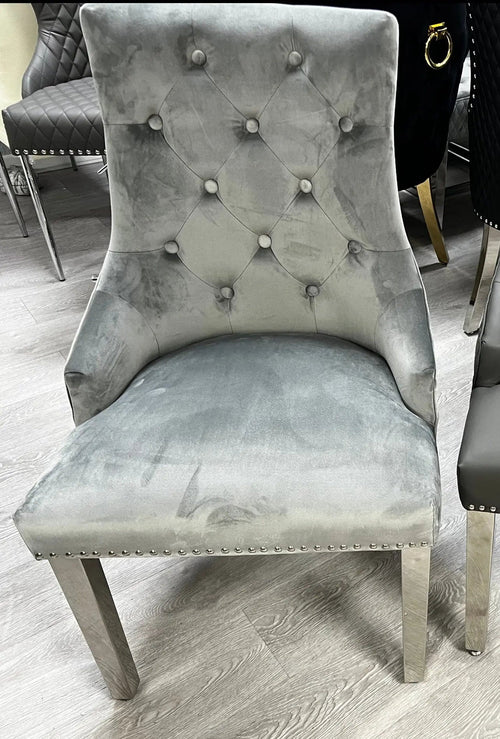 Roma Silver Pewter Velvet Dining Chairs with Gold Legs – Set of 2 Livara Interiors