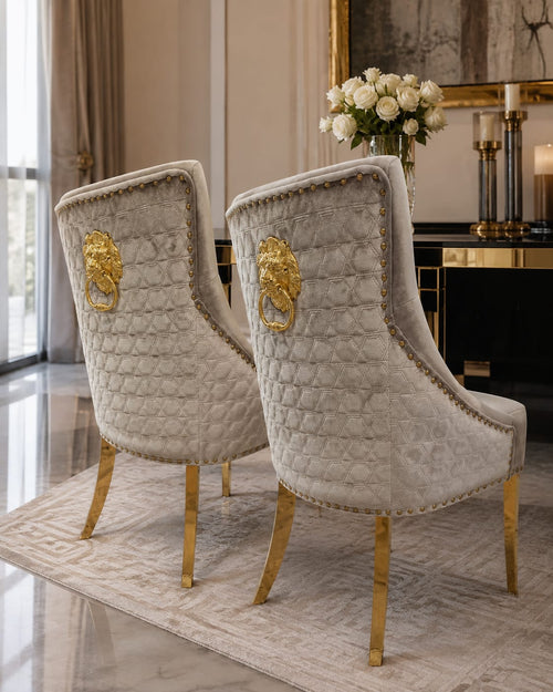 Roma Silver Pewter Velvet Dining Chairs with Gold Legs – Set of 2 Livara Interiors