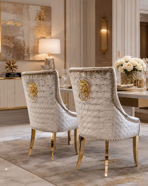 Roma Silver Pewter Velvet Dining Chairs with Gold Legs – Set of 2 Livara Interiors