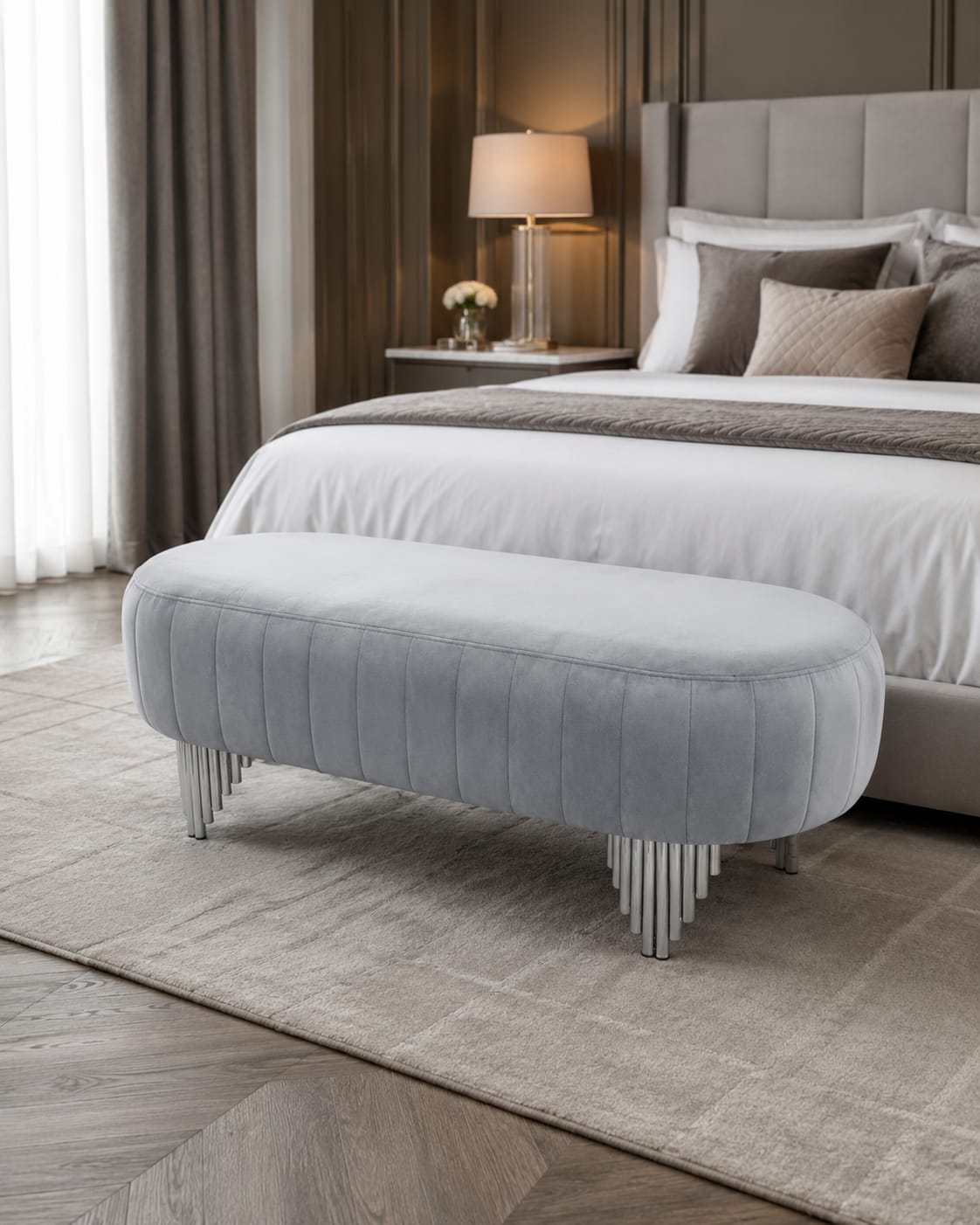 Mila Bench Grey Velvet & Chrome Legs furnish 365