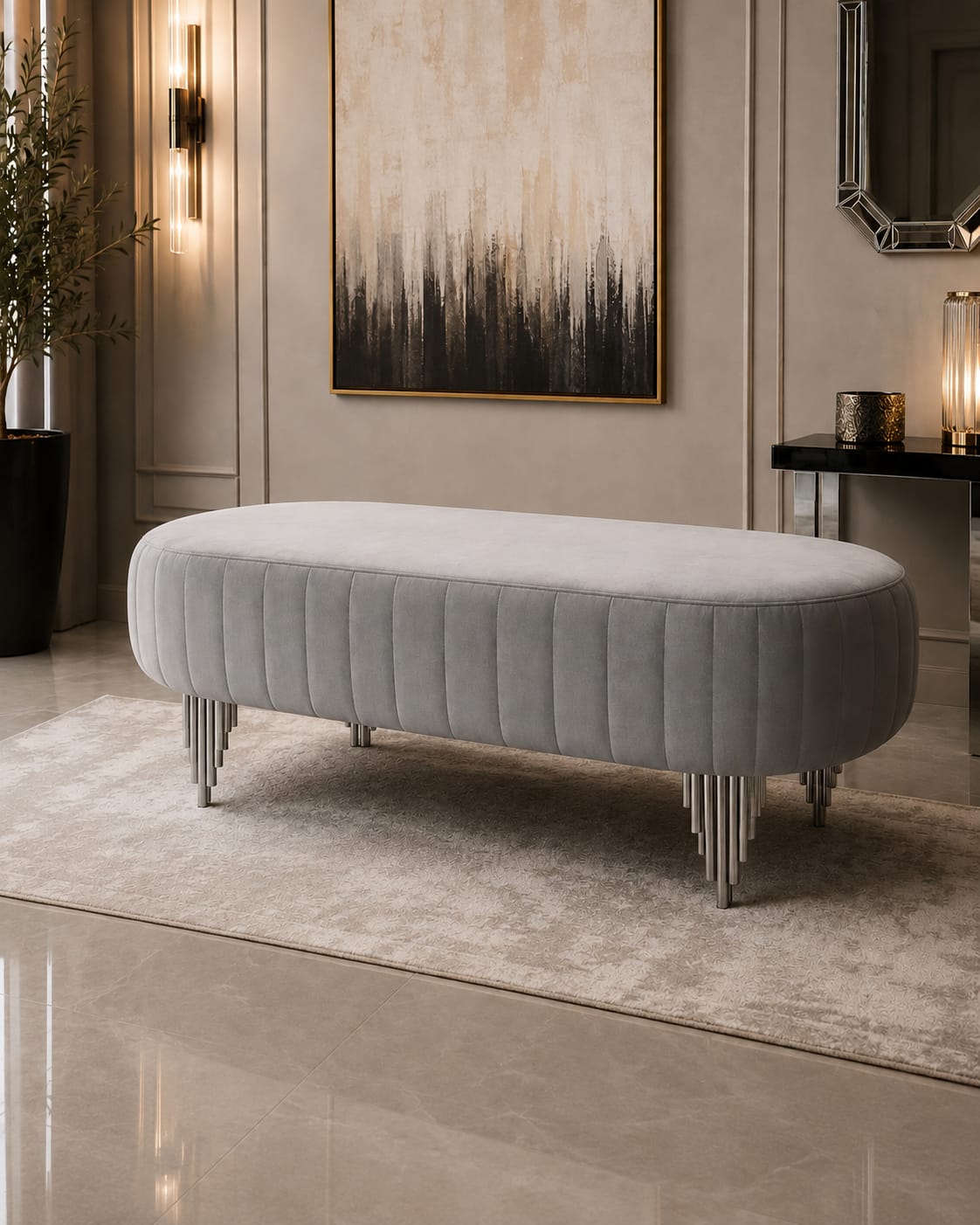 Mila Bench Grey Velvet & Chrome Legs furnish 365