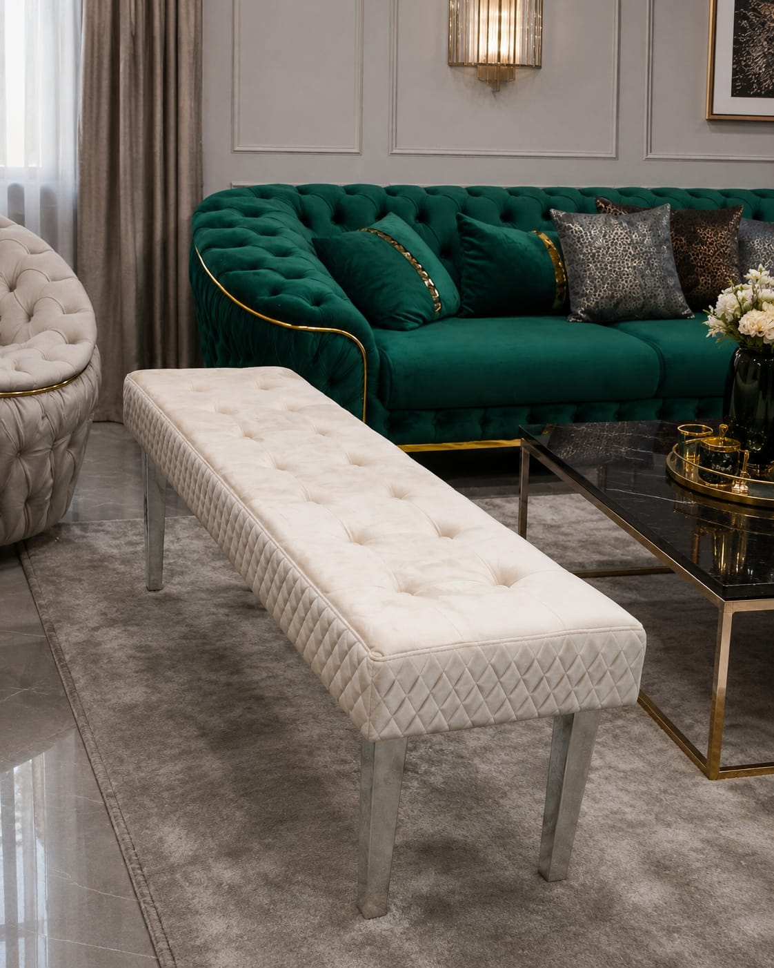 Majestic Dining/Bedroom Bench Champagne & Chrome Livara Interiors