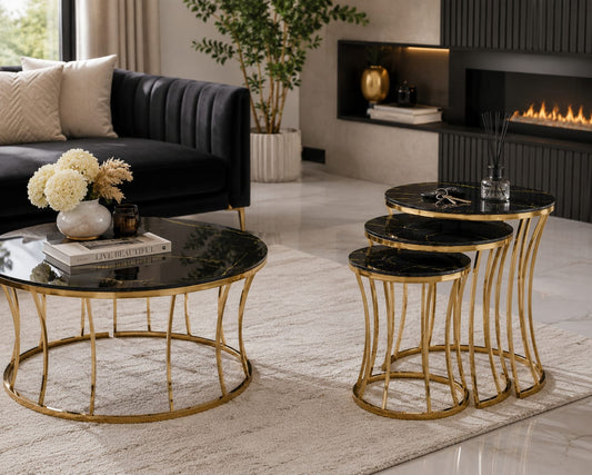 Zeen Coffee Table & Nest of 3 Table Set Black & Gold Bysol