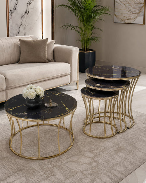 Zeen Coffee Table & Nest of 3 Table Set Black & Gold Bysol