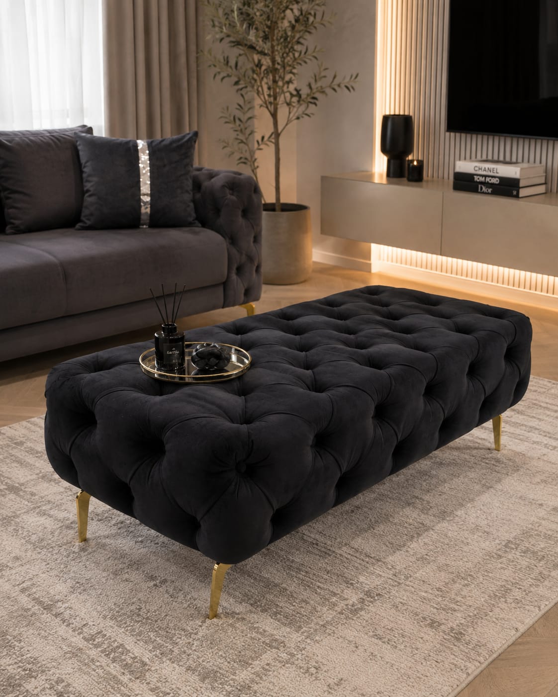 Luxury Black Velvet Bench Footstool – Deep Button Spanish Upholstery Livara Interiors