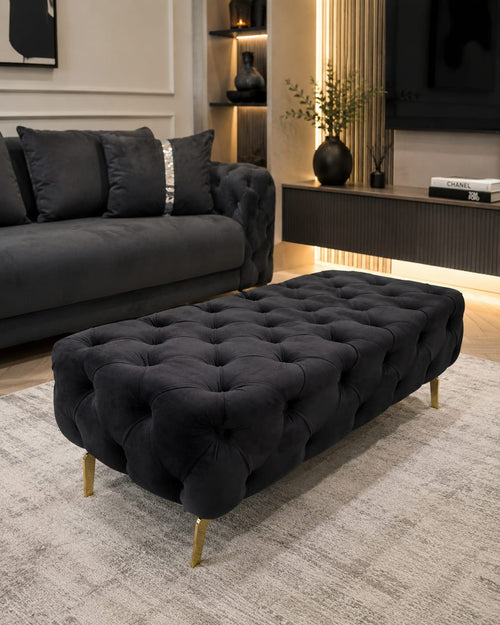Luxury Black Velvet Bench Footstool – Deep Button Spanish Upholstery Livara Interiors
