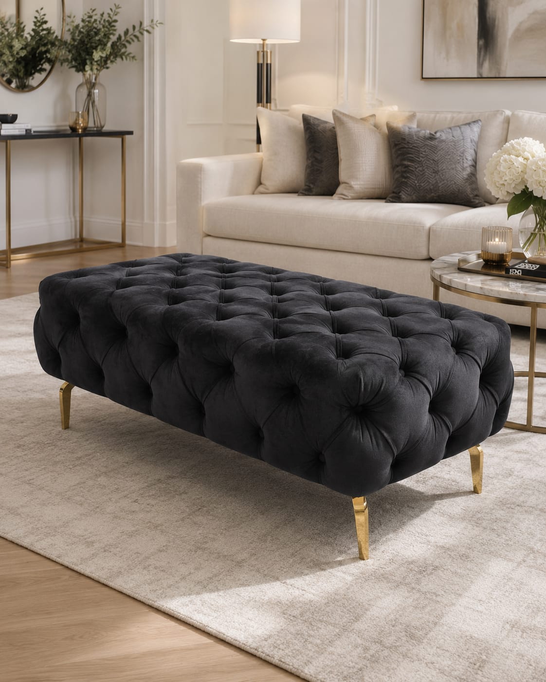 Luxury Black Velvet Bench Footstool – Deep Button Spanish Upholstery Livara Interiors