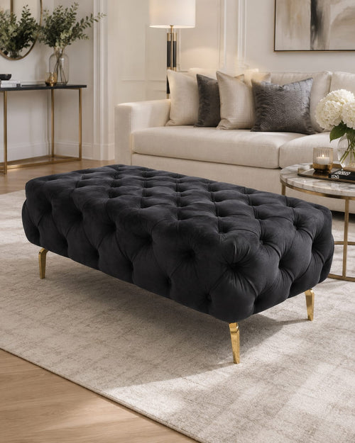 Luxury Black Velvet Bench Footstool – Deep Button Spanish Upholstery Livara Interiors