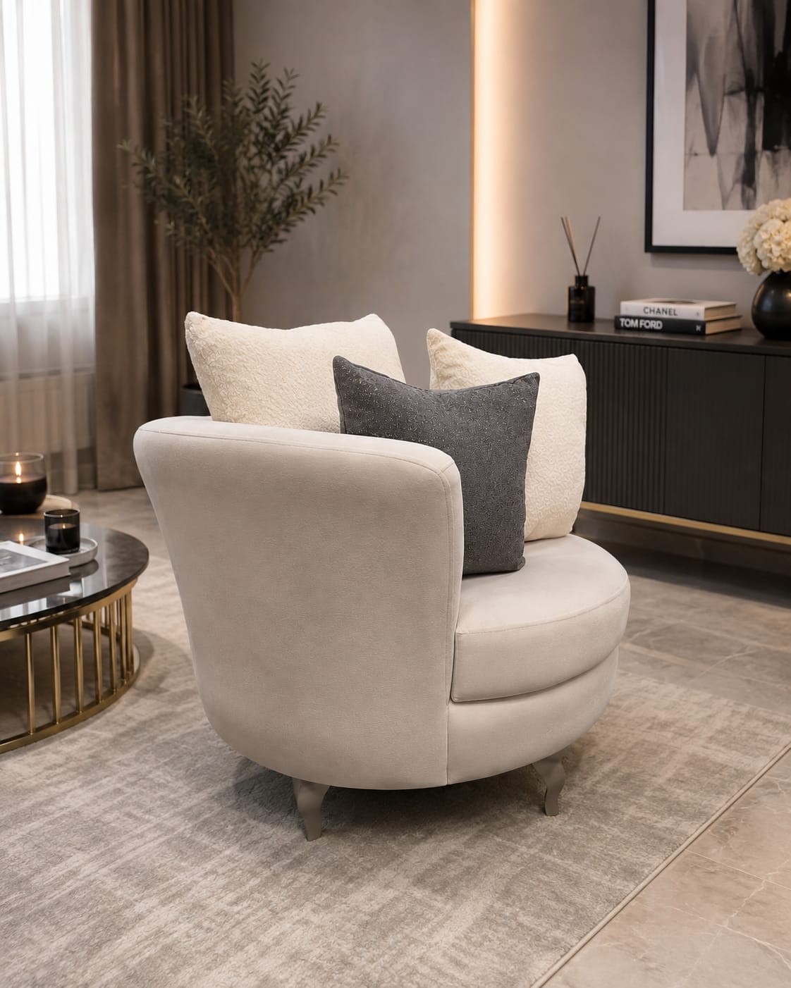 Elma Sofa Chair Cream Velvet With Queen Ann Taupe Wooden Legs Livara Interiors