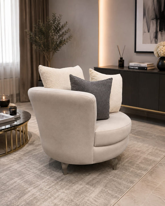 Elma Sofa Chair Cream Velvet With Queen Ann Taupe Wooden Legs Livara Interiors