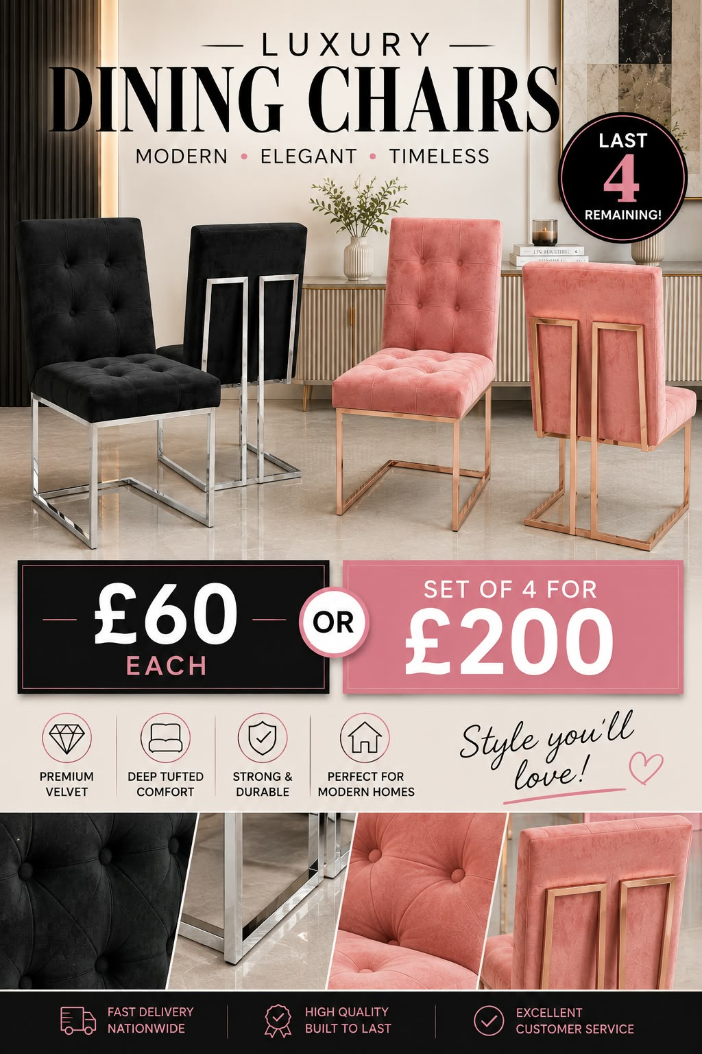 Atlanta Dining Chair Black or Pink (Set of 4) Livara Interiors