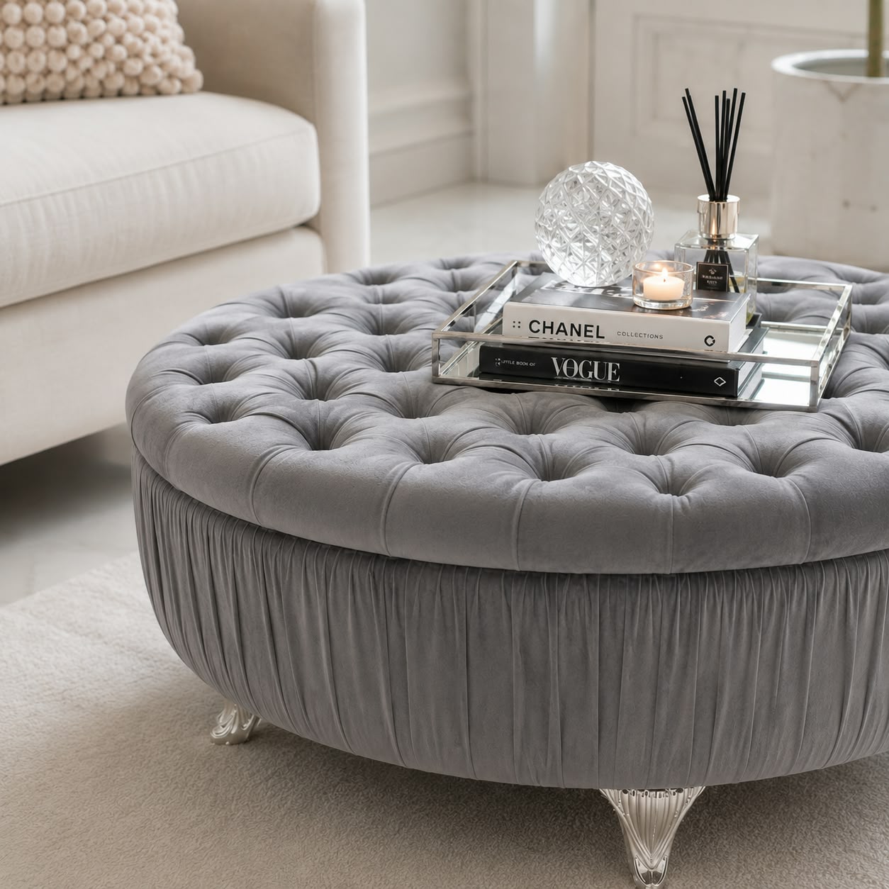 Alabama Round Tufted & Pleated Footstool/Pouffe Livara Interiors
