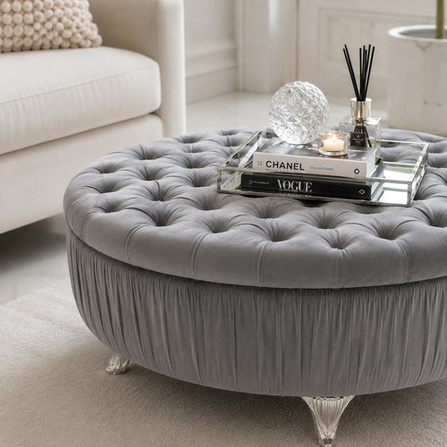 Alabama Round Tufted & Pleated Footstool/Pouffe Livara Interiors