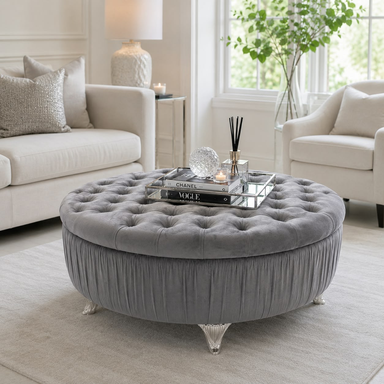 Alabama Round Tufted & Pleated Footstool/Pouffe Livara Interiors