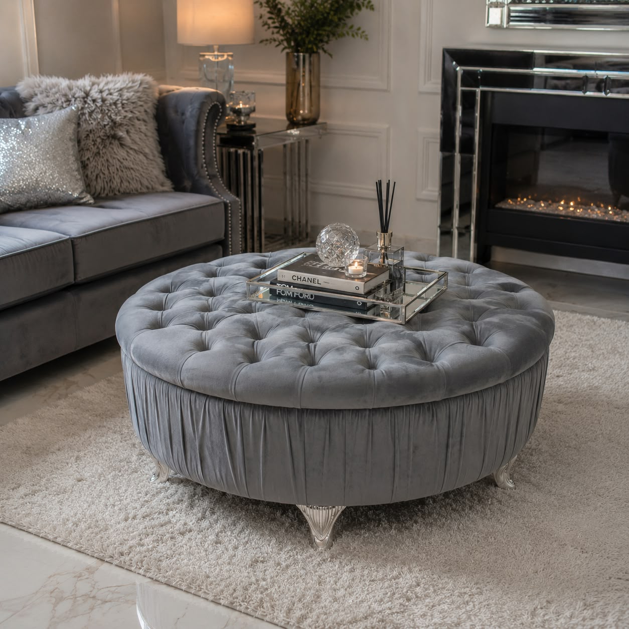 Alabama Round Tufted & Pleated Footstool/Pouffe Livara Interiors