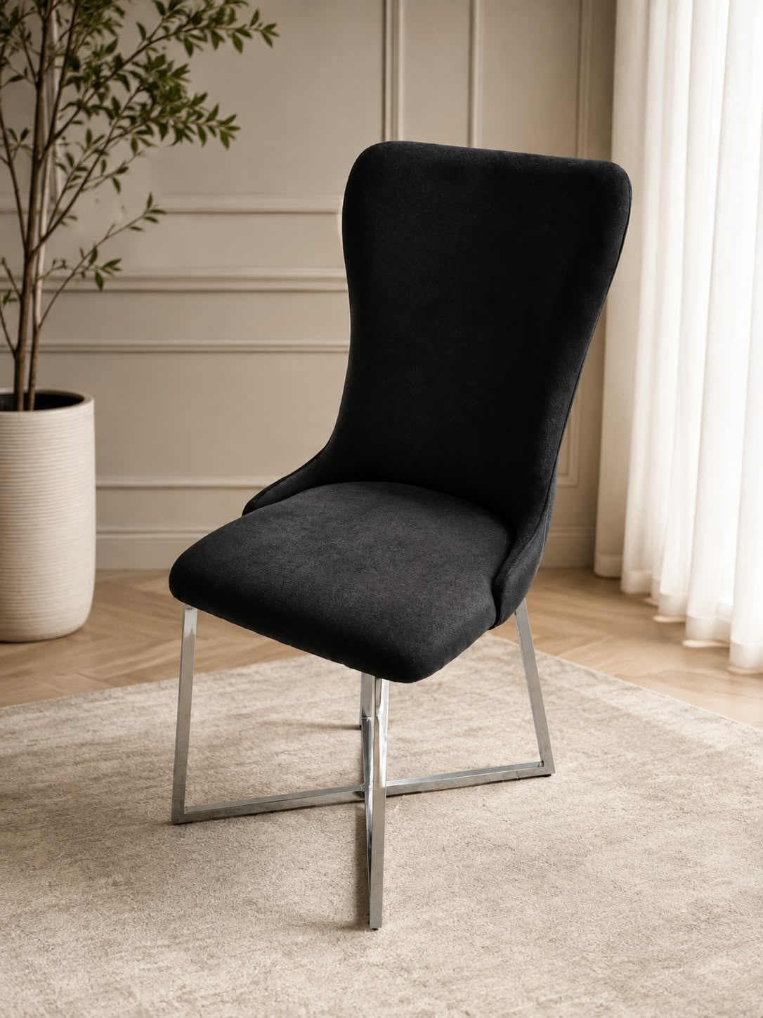 Roma Dining Chair x 1 Black Velvet & Chrome Leg Livara Interiors