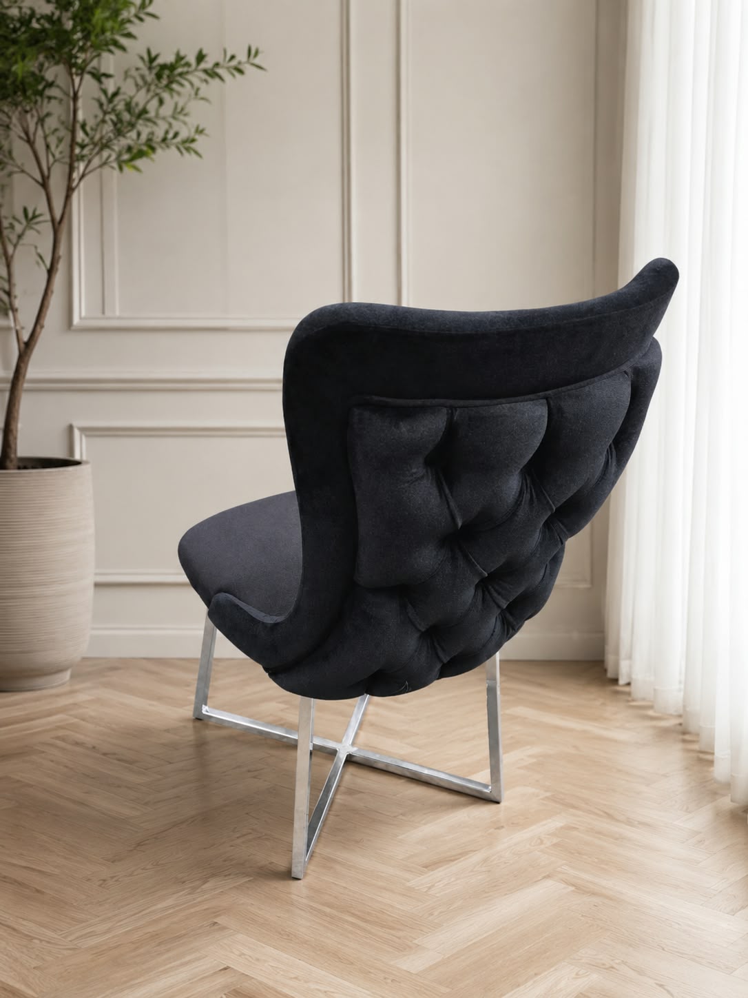 Roma Dining Chair x 1 Black Velvet & Chrome Leg Livara Interiors