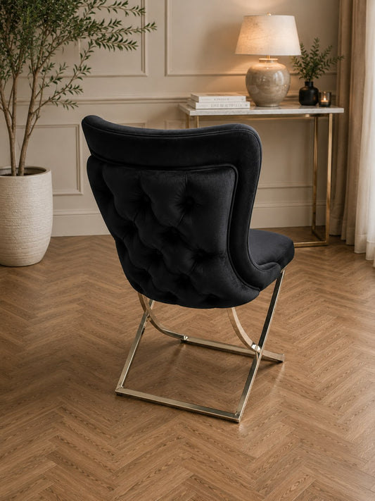 Roma Dining Chair x 2 Black Velvet & brass gold legs Livara Interiors