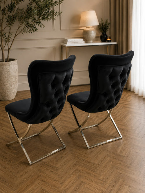 Roma Dining Chair x 2 Black Velvet & brass gold legs Livara Interiors