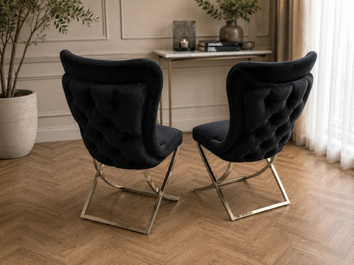 Roma Dining Chair x 2 Black Velvet & brass gold legs Livara Interiors