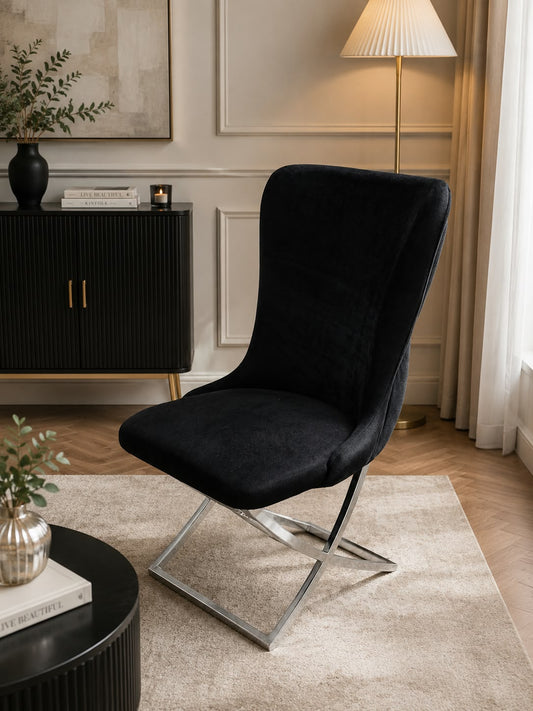Roma Dining Chair x 1 Black Velvet & Chrome Leg Livara Interiors