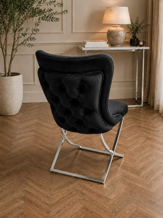 Roma Dining Chair x 1 Black Velvet & Chrome Leg Livara Interiors