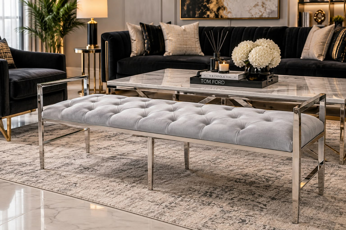 Riva Silver Velvet 150cm Wide Bench With Chrome Legs furnish 365