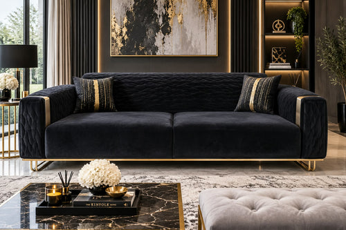 Alabama 3 seater Black Velvet & Gold Accents TURKISH