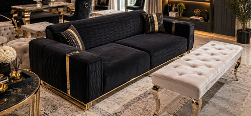 Alabama 3 seater Black Velvet & Gold Accents TURKISH