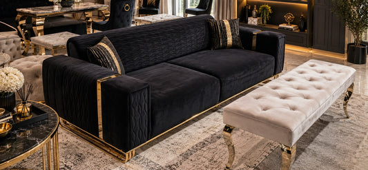 Alabama 3 seater Black Velvet & Gold Accents TURKISH