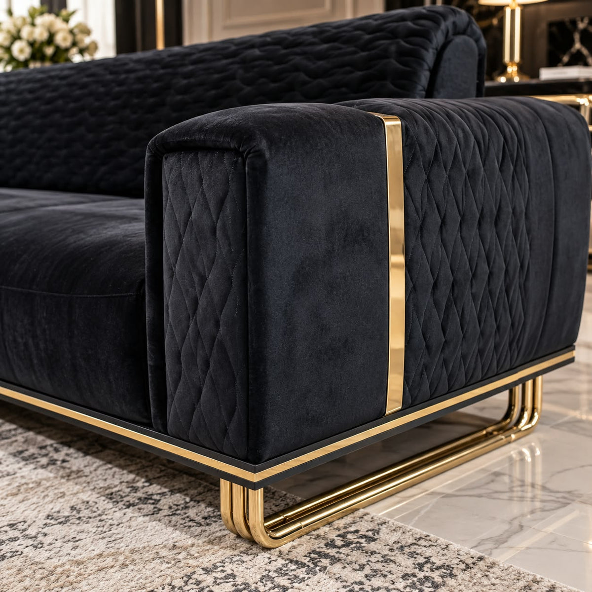 Alabama 3 seater Black Velvet & Gold Accents TURKISH