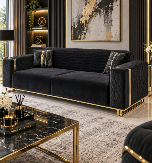 Alabama 3 seater Black Velvet & Gold Accents TURKISH