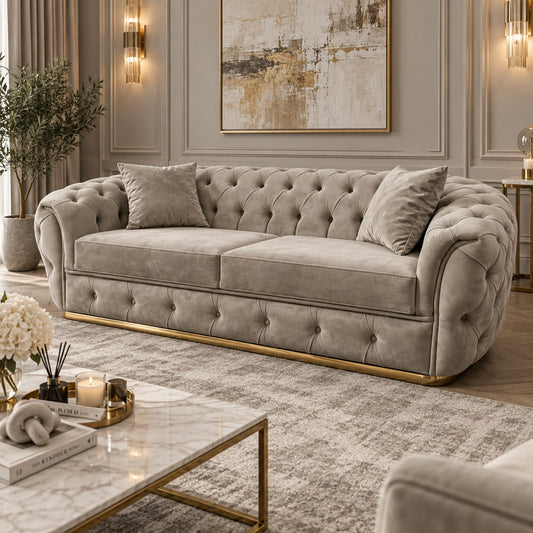 Khalifa 2 Seater Sofa – Beige Velvet & Gold Livara Interiors