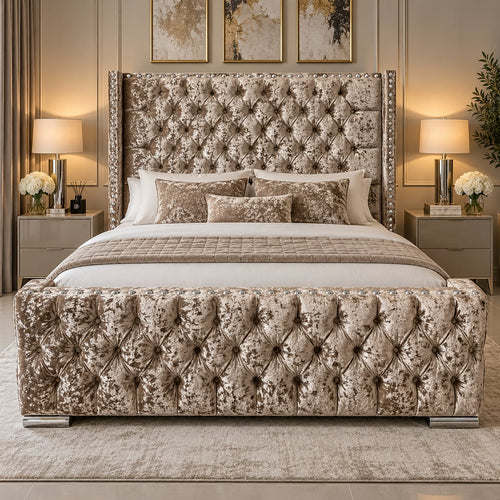 Aries Beige Crushed Velvet Wingback Bed FIL