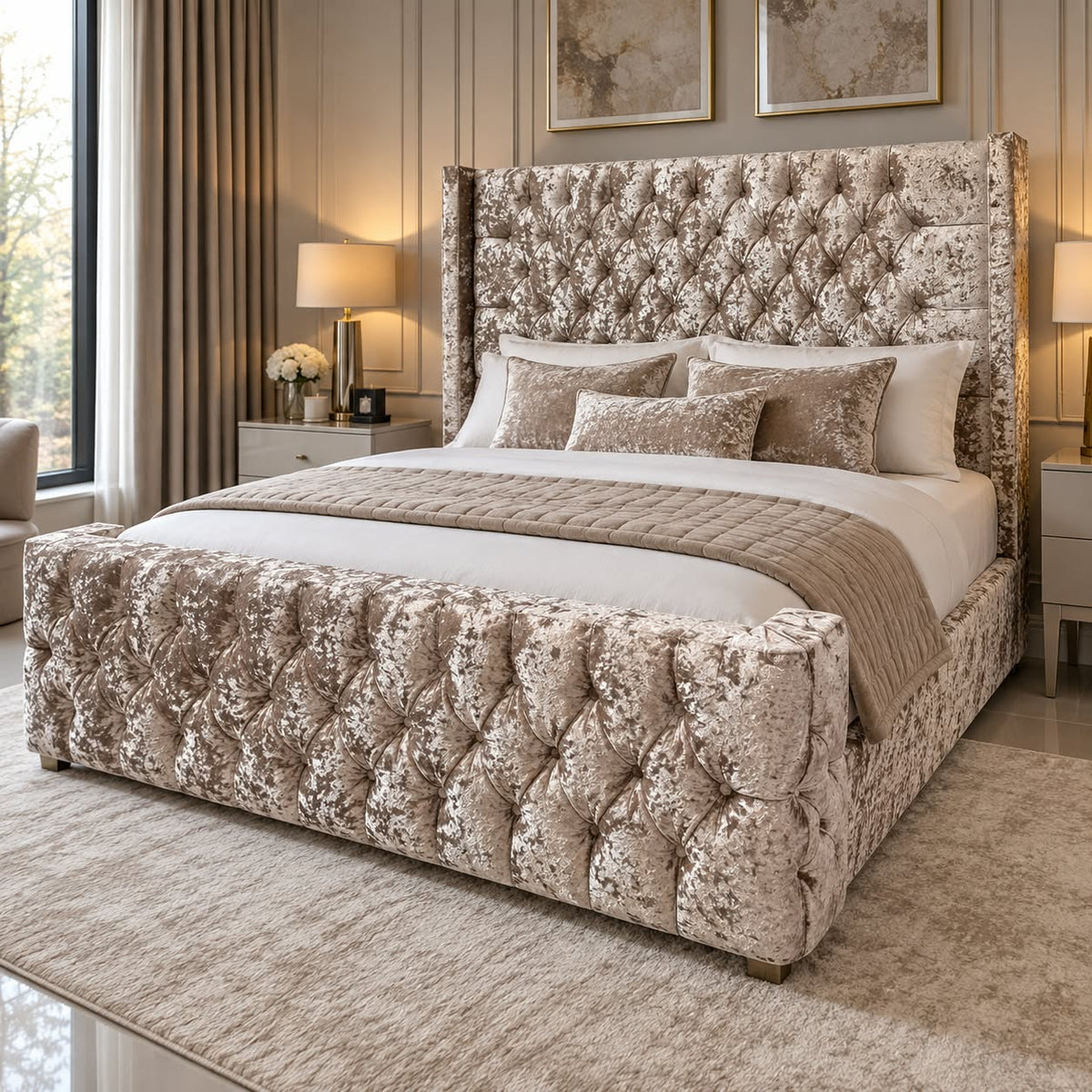 Aries Beige Crushed Velvet Wingback Bed FIL