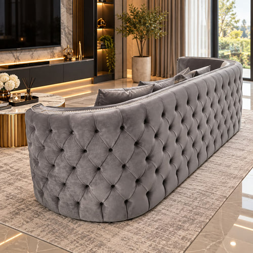 Luxury Silver Velvet 3 Seater Chesterfield Sofa - Deep Buttoned Seating with Studded arms Livara Interiors