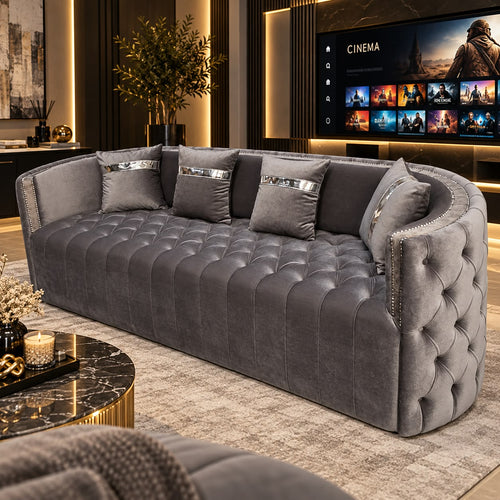 Luxury Silver Velvet 3 Seater Chesterfield Sofa - Deep Buttoned Seating with Studded arms Livara Interiors