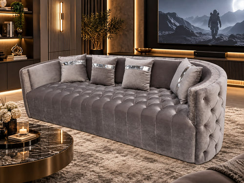 Luxury Silver Velvet 3 Seater Chesterfield Sofa - Deep Buttoned Seating with Studded arms Livara Interiors