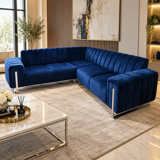 Genova Corner Sofa Navy Blue and Chrome Detailling Spacious Large Sofa Sofa Bed Livara Interiors