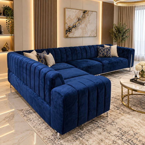 Genova Corner Sofa Navy Blue and Chrome Detailling Spacious Large Sofa Sofa Bed Livara Interiors