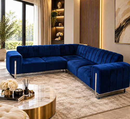 Genova Corner Sofa Navy Blue and Chrome Detailling Spacious Large Sofa Sofa Bed Livara Interiors