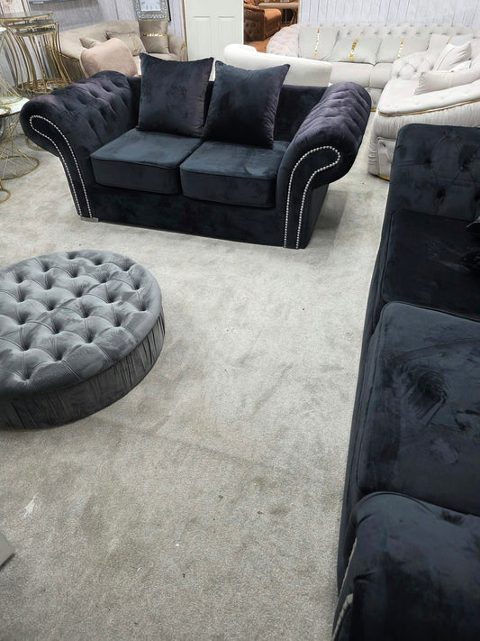 Onyx Black Velvet 3 &amp; 2 Seater Curved Sofa Set – Silver Studded Shop Display Clearance Livara Interiors