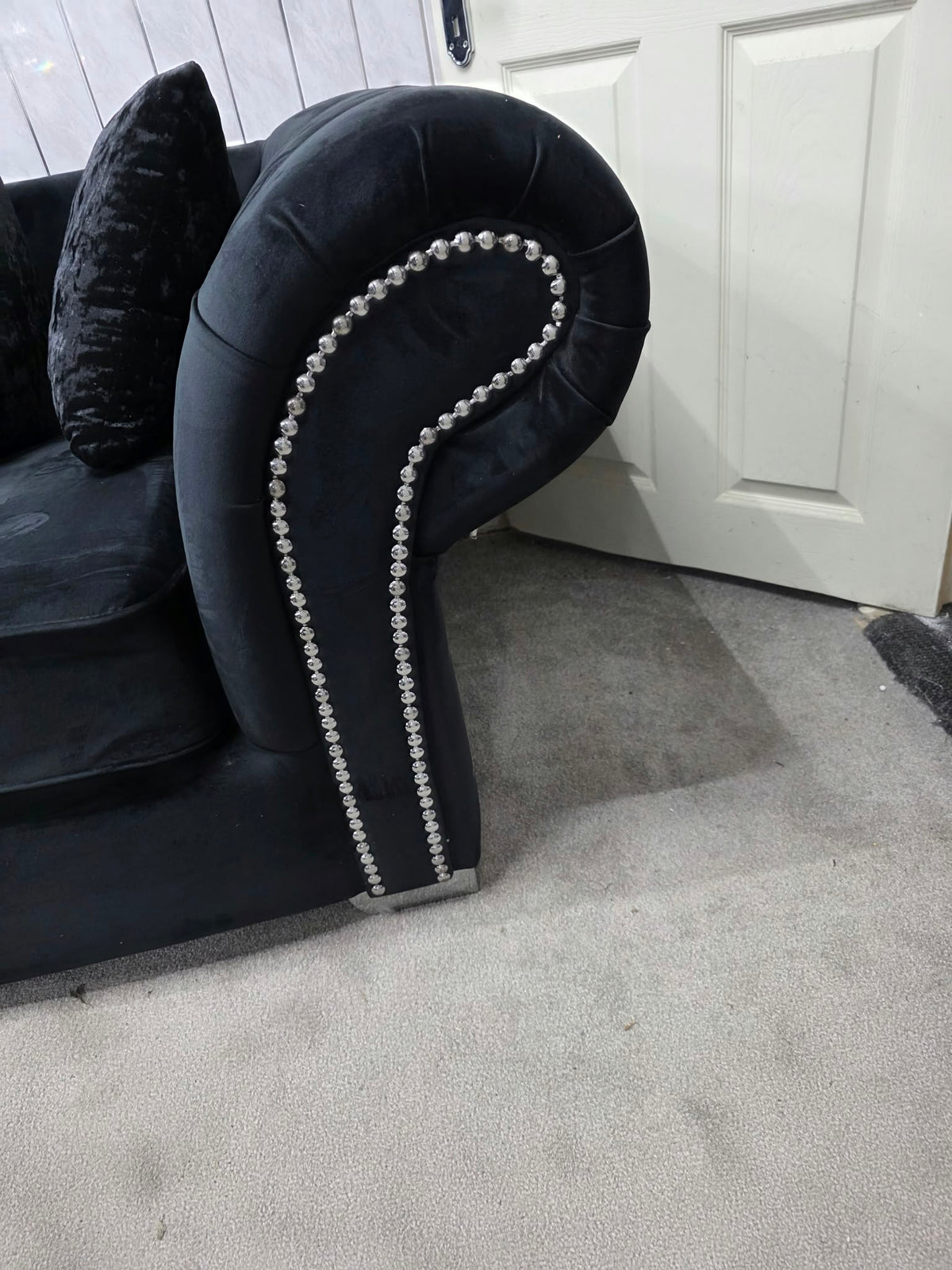 Onyx Black Velvet 3 &amp; 2 Seater Curved Sofa Set – Silver Studded Shop Display Clearance Livara Interiors